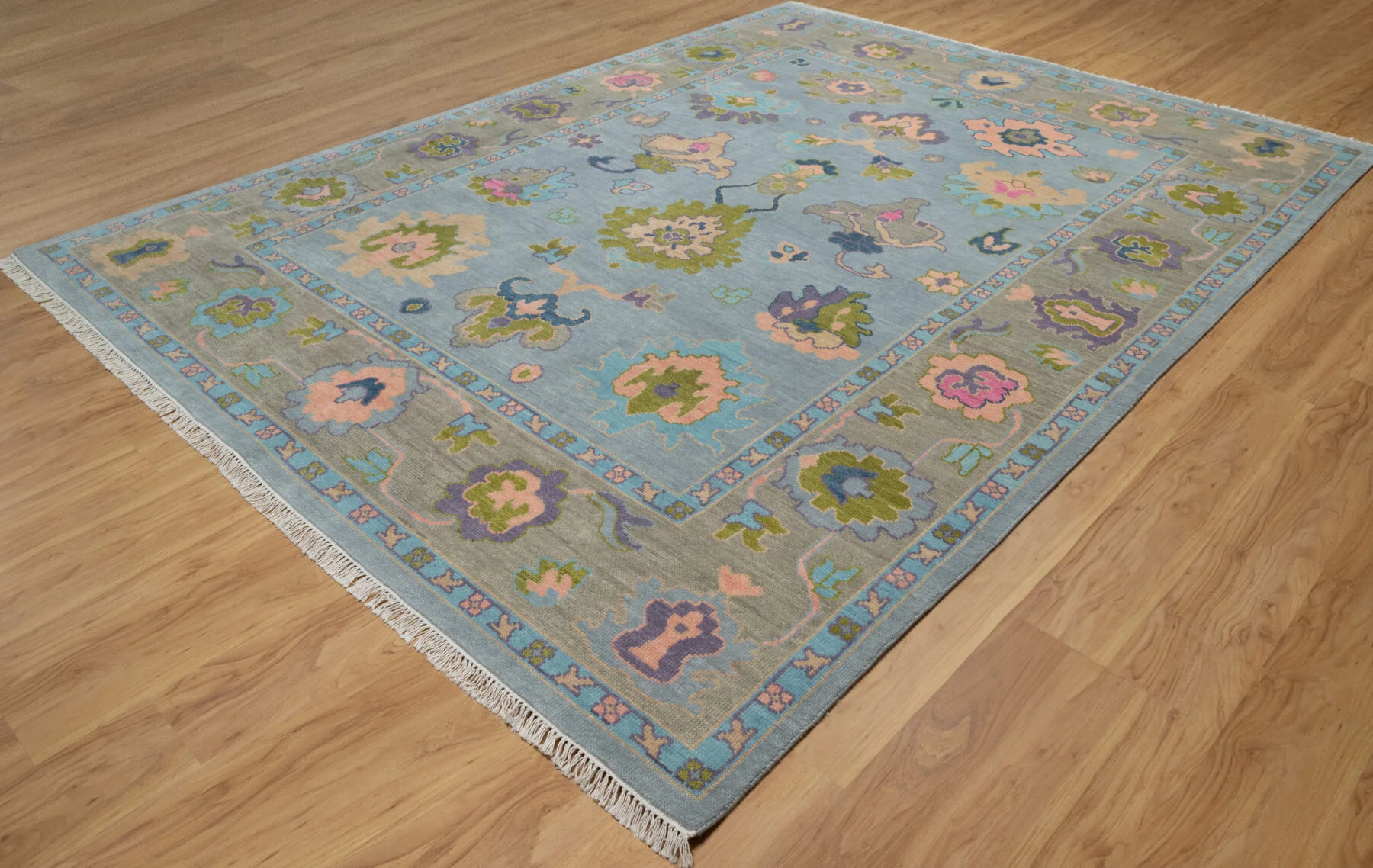 Blue & Blush Hand-Knotted Oushak Rug – Palmette & Rosette (3824)